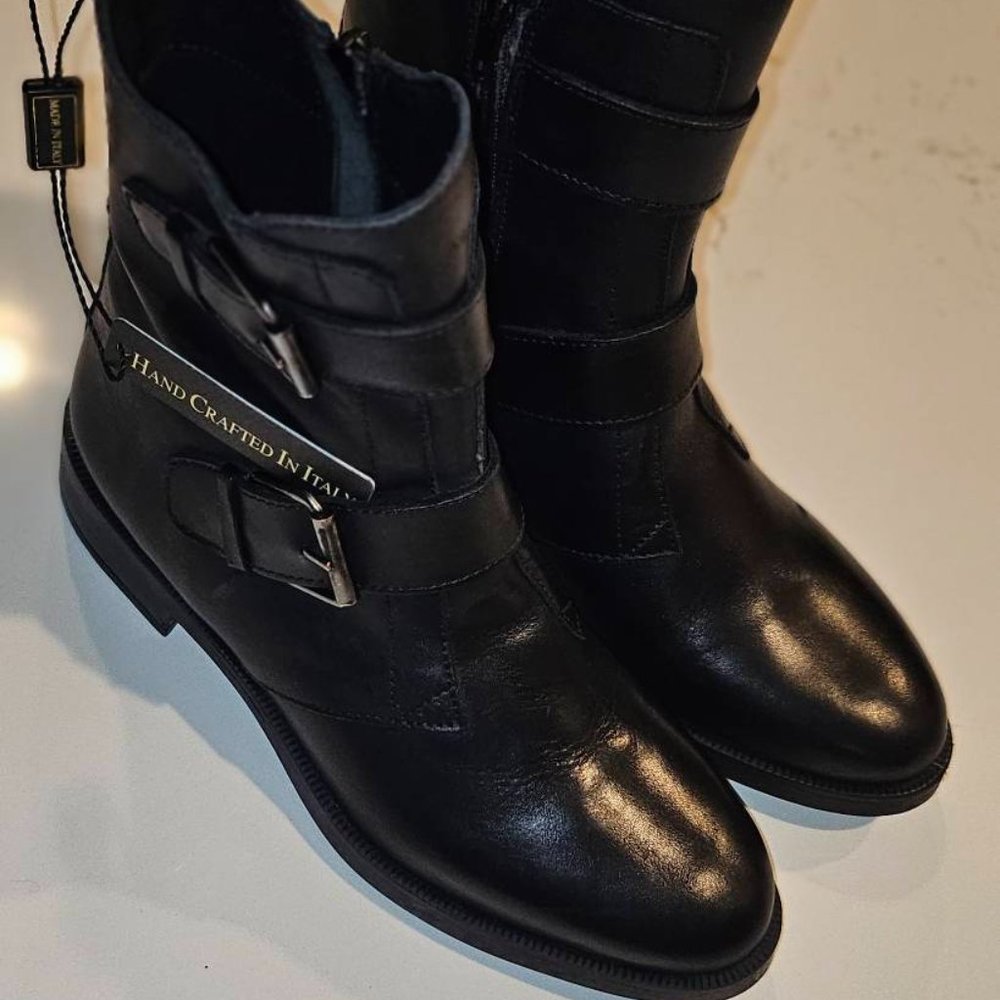 Emanuele Crasto Double Buckle Moto Boots Black ITALY Leather Women 7.5 /38 NWT